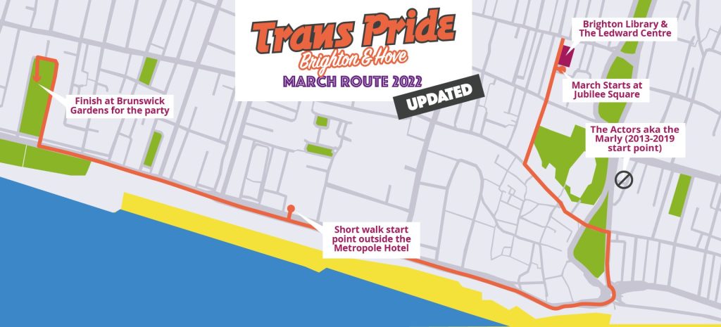 Map of Brighton showing the updated march route, from Brighton Library & The Ledward Centre to Brunswick Gardens